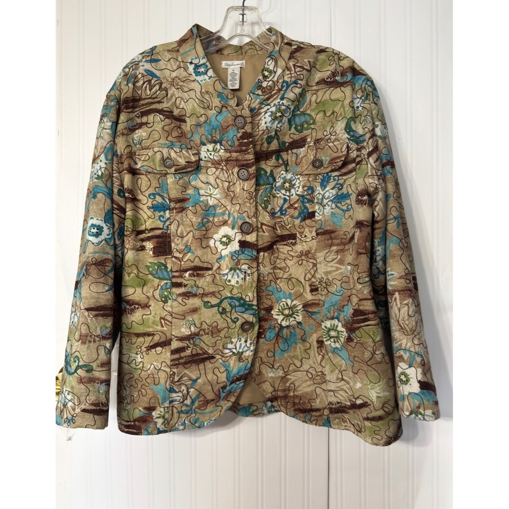 Bechamel Womens XL Floral Embroidered Cotton Linen Blend Button Front Jacket Tan